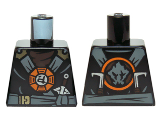 Torso Ninjago Dark Bluish Gray and Gold Straps and Belt, Round Emblem, Weapons and Dark Brown Undershirt Pattern