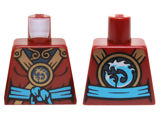 Torso Ninjago Female Outline with Gold Straps, Round Emblem, Dark Azure Knotted Sash and Dark Blue Undershirt Pattern