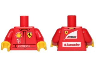 Torso Racing Suit with Ferrari, Shell, UPS, and Kaspersky Logos on Front, Scuderia Ferrari and Santander Logos on Back Pattern (Stickers) / Red Arms / Yellow Hands