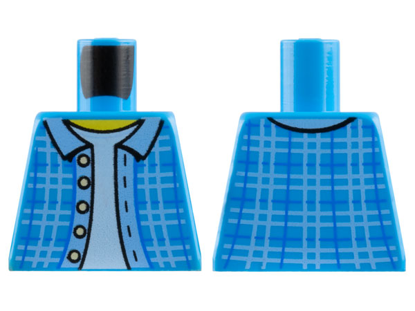 Torso Plaid Jacket with Bright Light Blue Hem and Collar and Light Bluish Gray Buttons over White Shirt, Yellow Neck Pattern