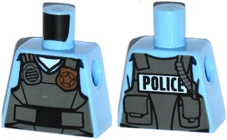 Torso Police Shirt with Dark Bluish Gray Vest, Gold Badge, Radio and 'POLICE' Pattern on Back