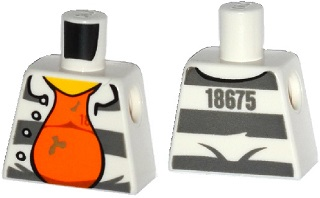 Torso Town Prisoner Number 18675, Dark Bluish Gray Stripes, Orange Shirt Pattern
