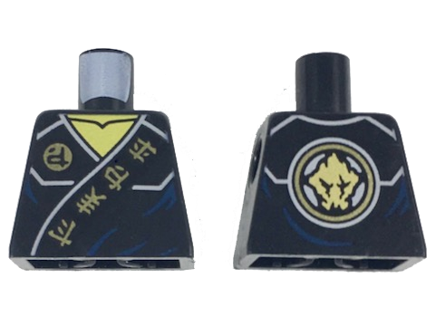 Torso Ninjago Robe with Gold Ninjago Logogram 'Fire Earth Lightning Energy' on Black Sash Pattern