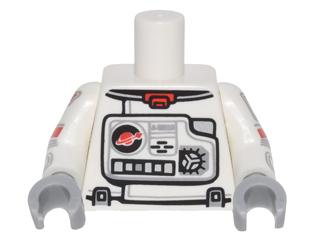 Torso Astronaut Spacesuit with Classic Space Logo, Panels and Buttons, Red Collar Pattern / White Arms with Astronaut Spacesuit Panels, Gold Classic Space Logo, Red Stripe and 4 Light Bluish Gray Lines Pattern / Light Bluish Gray Hands