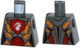 Torso Nexo Knights Female Armor with Orange and Gold Circuitry and White Dragon Head on Red Pentagonal Shield Pattern