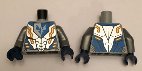 Torso Nexo Knights Armor with Orange and Gold Circuitry and Emblem with Blue Falcon Pattern / Flat Silver Arms / Dark Blue Hands