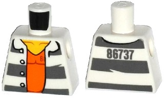 Torso Town Prisoner Number 86737, Dark Bluish Gray Stripes, Orange Shirt Pattern