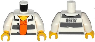 Torso Town Prisoner Number 86737, Dark Bluish Gray Stripes, Orange Shirt Pattern / White Arms / Yellow Hands