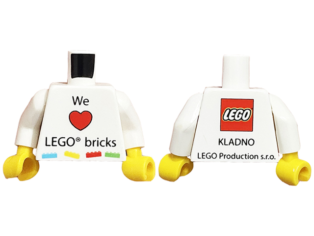 Torso 'We Heart LEGO bricks' Front, LEGO Logo and 'KLADNO LEGO Production s.r.o.' Back Pattern / White Arms / Yellow Hands