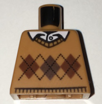 Torso Knit Argyle Sweater with Dark Brown and Reddish Brown Diamonds and Black Stitching over White Shirt with Collar and Button Pattern