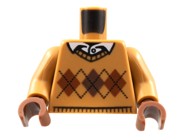 Torso Knit Argyle Sweater with Dark Brown and Reddish Brown Diamonds and Black Stitching over White Shirt with Collar and Button Pattern / Medium Nougat Arms / Reddish Brown Hands