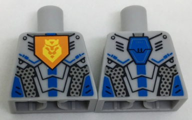 Torso Nexo Knights Armor with Orange Emblem with Yellow Crowned Lion, Silver Panels, Dark Azure Hexagon Pattern