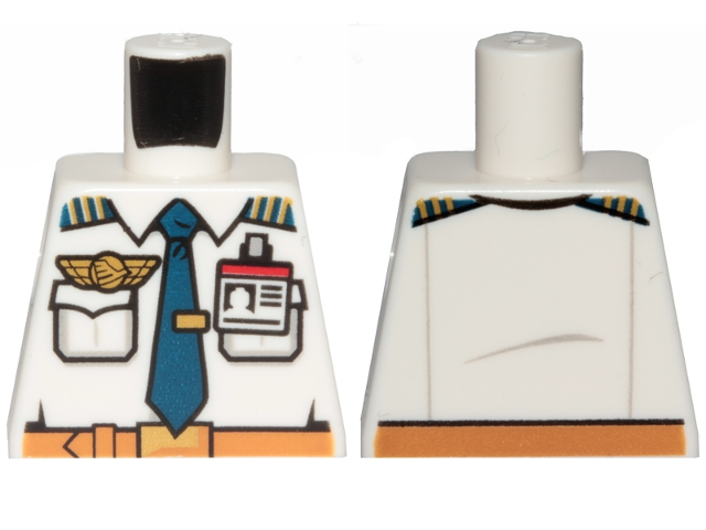 Torso Airplane Pilot, Shirt with Dark Blue Tie with Clip, Epaulettes, Gold Logo Pin and Red and White ID Badge Pattern