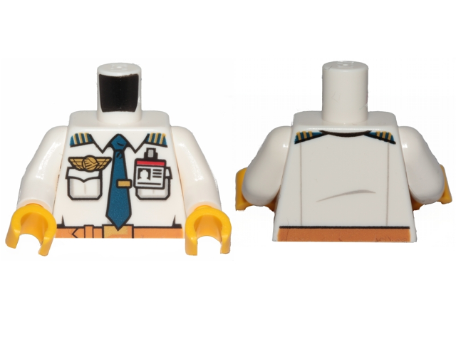 Torso Airplane Pilot, Shirt with Dark Blue Tie with Clip, Epaulettes, Gold Logo Pin and Red and White ID Badge Pattern / White Arms / Yellow Hands