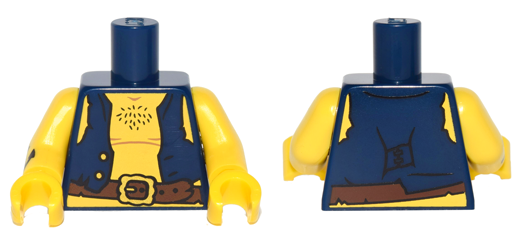 Torso Pirate Vest Open with Gold Buttons, Dark Brown Belt with Buckle, Chest Hair, Yellow Shoulders and Stomach Pattern / Yellow Arm Left / Yellow Arm Right with Black Anchor Tattoo Pattern / Yellow Hands