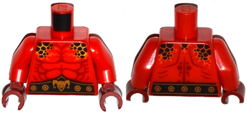 Torso Nexo Knights Bare Chest with Black Spots And Belt with Gold Jester Head Buckle Pattern / Red Arms / Dark Red Hands
