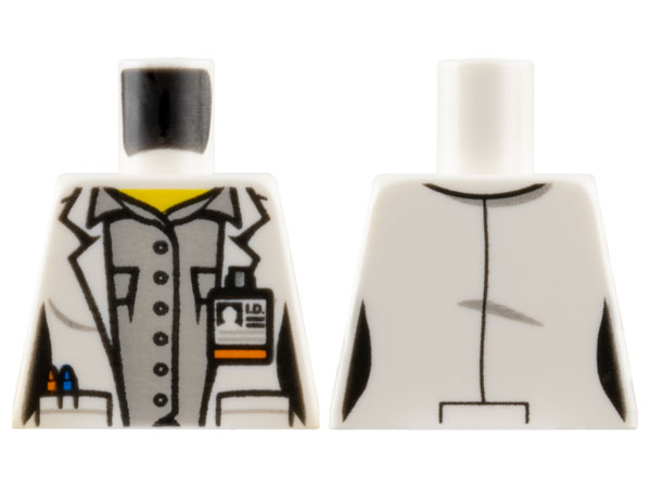 Torso Female Lab Coat Open with Pockets and ID Badge over Light Bluish Gray Button Up Shirt, Yellow Neck Pattern