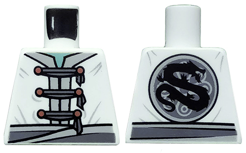 Torso Ninjago Tunic with Light Gray Trim and Belt, 3 Dark Gray Ties with Gold Buttons, Dragon Symbol on Back Pattern