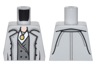 Torso Trench Coat with Buttons over Dark Bluish Gray Vest, White Shirt and Gold Medallion Pattern