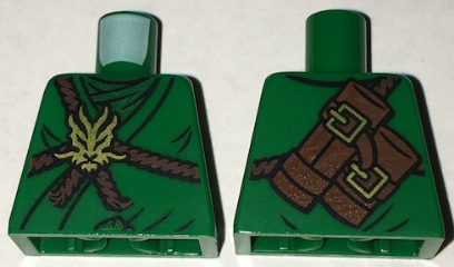 Torso Ninjago Brown Rope, Gold Medallion and Dark Green Undershirt Front, Scabbards on Back Pattern