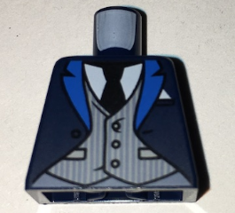 Torso Coat with Blue Lapels, Light Bluish Gray Pinstripe Vest, White Shirt, Black Tie Pattern