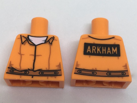 Torso Prisoner Jumpsuit with Dark Orange Belt over White Shirt, 'ARKHAM' on Black Rectangle on Back Pattern