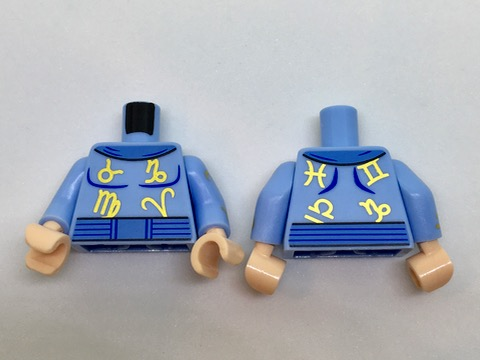 Torso Medium Blue Collar and Belt, Gold Zodiac Symbols Pattern / Bright Light Blue Arms with Gold Zodiac Signs Pattern / Light Nougat Hands
