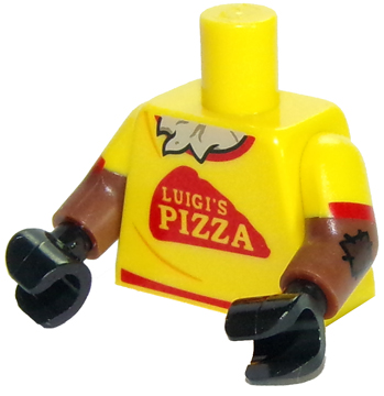 Torso Red Trim and 'LUIGI'S PIZZA', Straw Chest Pattern / Reddish Brown Arms with Patches and Yellow Short Sleeves Pattern / Black Hands
