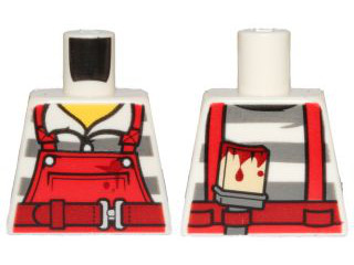 Torso Overalls Red over Prison Stripes Shirt, Dark Red Belt, Dirt Stains and Paint Brush on Back Pattern