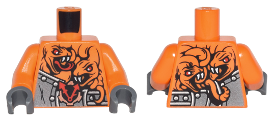 Torso Ninjago Armor with Rivets, Clock and 4 Orange Snakes with Red Eyes and White Fangs Pattern / Orange Arms / Dark Bluish Gray Hands