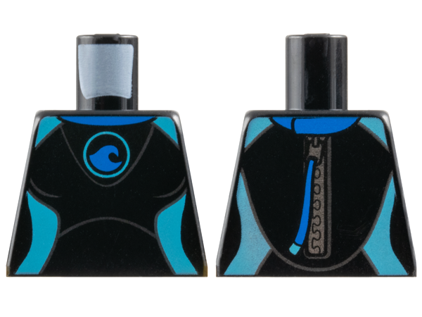 Torso Female Wetsuit with Blue Collar and Wave Logo, Medium Azure Panels, Silver Zipper with Pull Cord on Back Pattern