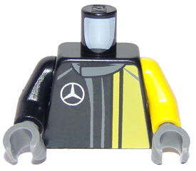Torso Racing Suit with Yellow Panel, Dark Bluish Gray Collar, Silver Mercedes-Benz Logo, and White AMG Logo on Back Pattern / Yellow Arm Left / Black Arm Right / Dark Bluish Gray Hands