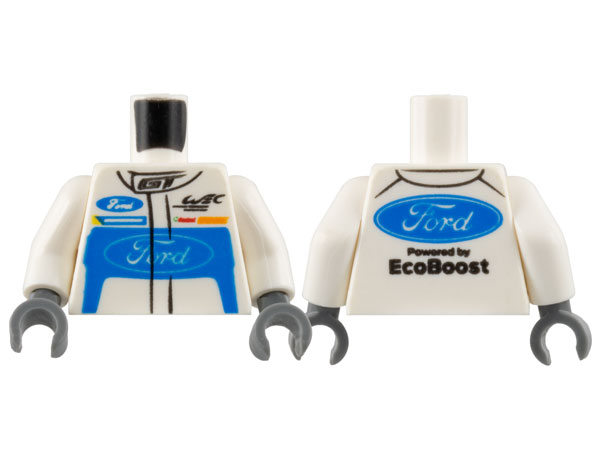 Torso Racing Suit with Ford Logo and 'GT' on Front and Ford Logo and 'Powered by EcoBoost' on Back Pattern / White Arms / Dark Bluish Gray Hands