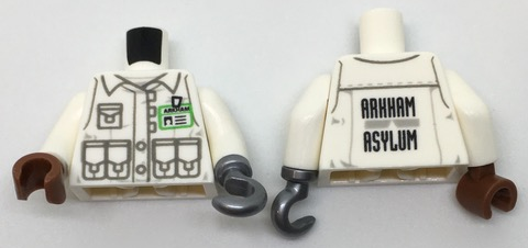 Torso Jacket with 5 Pockets, Bright Green ID Badge and 'ARKHAM ASYLUM' on Back Pattern / White Arms / Flat Silver Hook Left / Reddish Brown Hand Right
