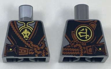 Torso Ninjago Silver Armor with Gold Earth Emblems, Black Robe, Reddish Brown Rope Pattern