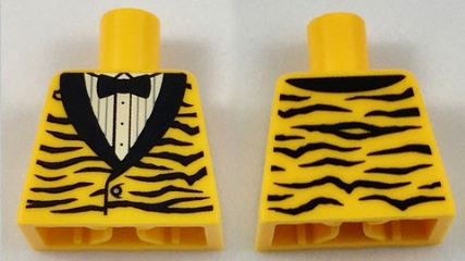 Torso Tuxedo Jacket with Black Animal Stripes and Lapels over White Shirt with Buttons and Pleats, Bow Tie Pattern