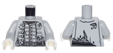 Torso PotC Naval Officer Uniform Tattered with Silver Buttons, Torn Halfway on One Side, Belt Buckle Pattern / Light Bluish Gray Arms / White Hands