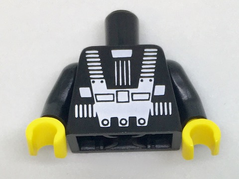 Torso Space White Harness and Chest Panel with Rivets Pattern (Blacktron I), Inside with Ribs (reissue) / Black Arms / Yellow Hands