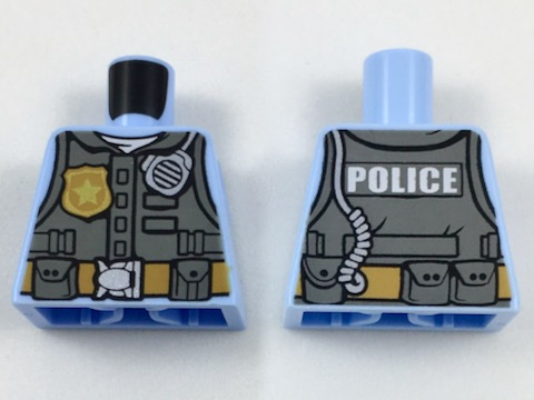 Torso Dark Bluish Gray Body Armor Vest with Strap over White Shirt, Medium Nougat Belt with Pouches and Silver Buckle, Gold Star Badge, Radio with Cord, Wide Font 'POLICE' on Back Pattern