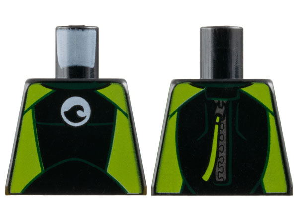 Torso Wetsuit with Dark Green Collar, Lime Panels, Wave Logo on White Circle, Silver Zipper with Pull Cord on Back Pattern