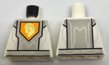 Torso Nexo Knights Armor, Silver Circuits, Light Bluish Gray Panel, Orange Emblem, Yellow Horse Head Pattern