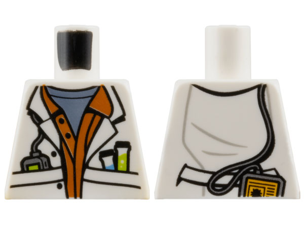 Torso Lab Coat Open with Pockets over Dark Orange Shirt and Sand Blue Undershirt, Test Tubes and Electronic Device Pattern