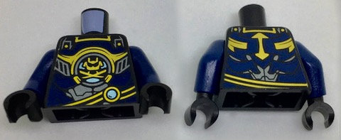 Torso Ninjago with Silver and Dark Blue Armor, Gold Trim and Samurai Logo Pattern / Dark Blue Arms / Black Hands