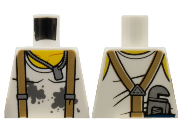 Torso Shirt with Dark Bluish Gray Splotches, Dark Tan Suspenders, Dog Tag Necklace, and Wrench on Back Pattern