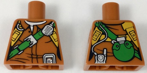 Torso Female Jacket with Bright Light Orange Harness, Bright Green Strap, Silver Radio, and Canteen on Back Pattern