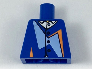 Torso Jacket with Dark Blue Buttons, Bright Light Blue and Orange Geometric Shapes over White Shirt with Collar Pattern