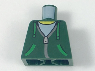 Torso Hoodie with Green Ties and Pockets, Silver Zipper over White Shirt Pattern