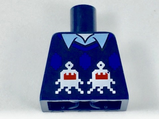 Torso Knit Vest with White and Red Creatures over Bright Light Blue Shirt with Collar Pattern