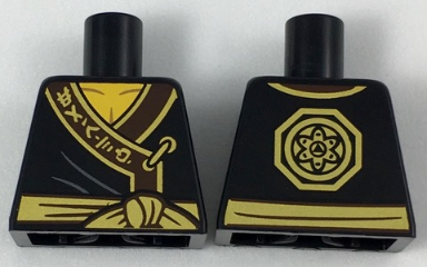 Torso Robe with Dark Brown Hem, Gold Trim and Ninjago Logogram 'EARTH', Dark Bluish Gray Creases, Waist Sash with Knot, Yellow Neck, Octagon and Circle Medallion Logo on Back Pattern