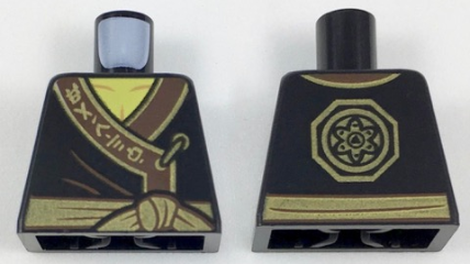 Torso Robe with Dark Brown Hem, Gold Trim and Ninjago Logogram 'EARTH', Dark Brown Creases, Waist Sash with Knot, Yellow Neck, Octagon and Circle Medallion Logo on Back Pattern